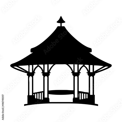 Silhouette of a gazebo or bandstand with elaborate roof design