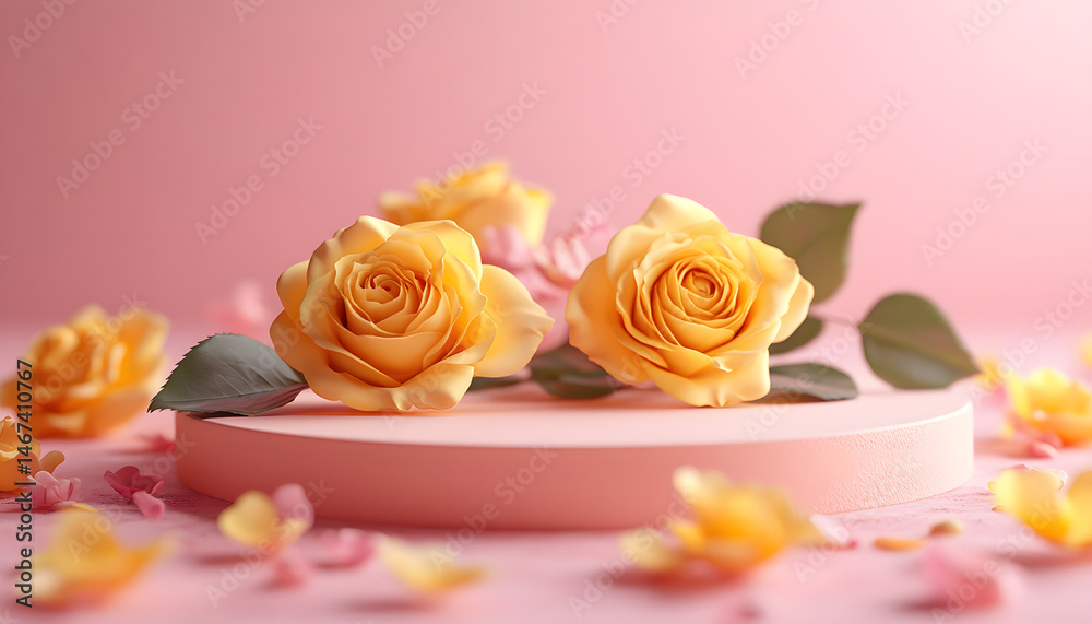 Blank podium with yelow roses on pink background. Showcase for product, perfume, jewelry and cosmetic presentation