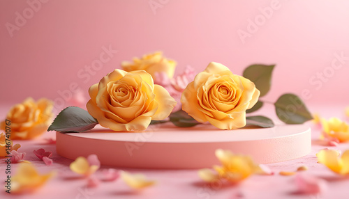 Obraz na płótnie Blank podium with yelow roses on pink background. Showcase for product, perfume, jewelry and cosmetic presentation w salonie