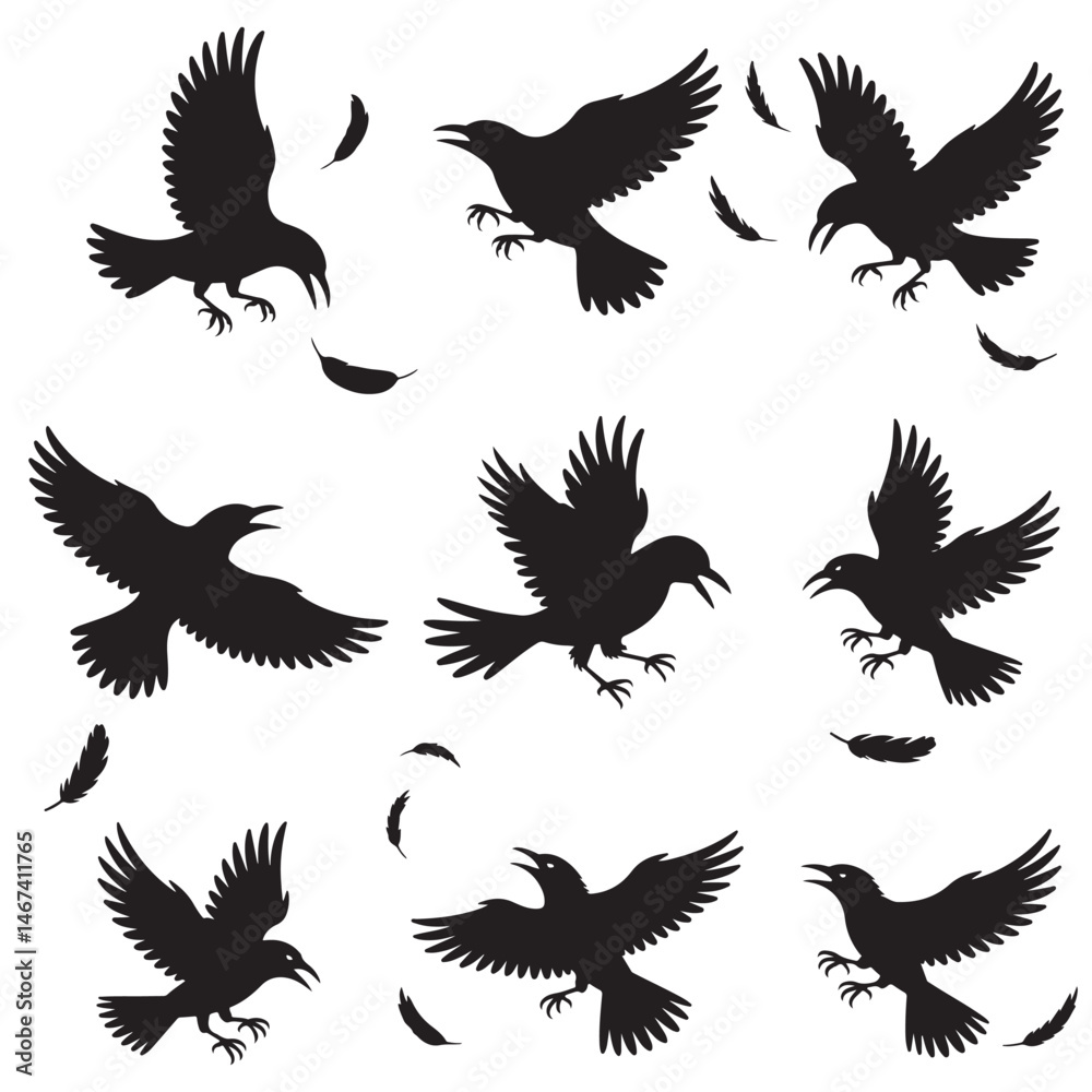 Obraz premium Dynamic Bird Vector Set with Flying, Perching, and Standing Poses in Bold Styles A stunning collection of birds in energetic poses, ideal for creating impactful wildlife and nature designs .Thank You.