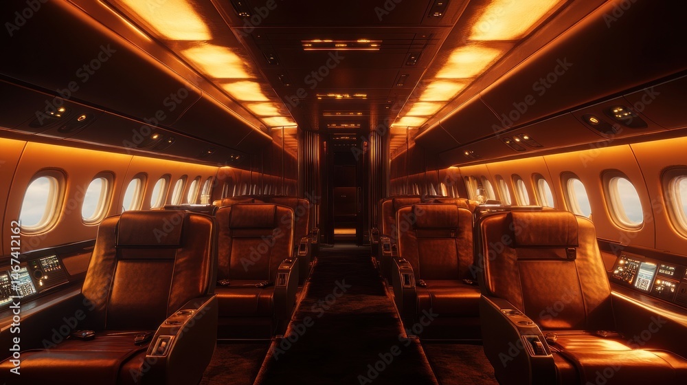 Fototapeta premium Transportation interior with seating and overhead compartments