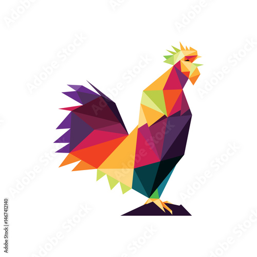 Colorful Crowing Rooster in Polygon. Colorful abstract Rooster Icon. Crowing Rooster full color low poly