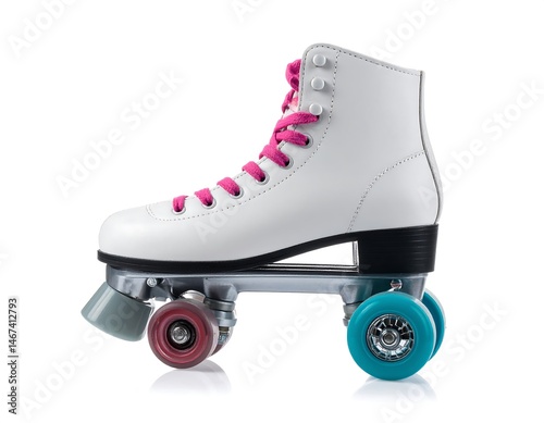 White Roller Skate with Pink and Teal Wheels on White Background
