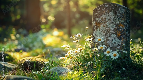 Peaceful Grave Marker Surrounded by Daisies in Ethereal Forest Light