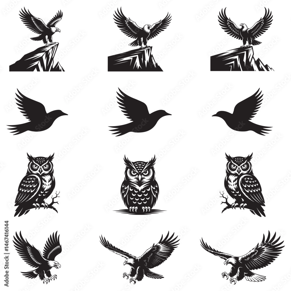 Obraz premium Dynamic Bird Vector Set with Flying, Perching, and Standing Poses in Bold Styles A stunning collection of birds in energetic poses, ideal for creating impactful wildlife and nature designs .Thank You.