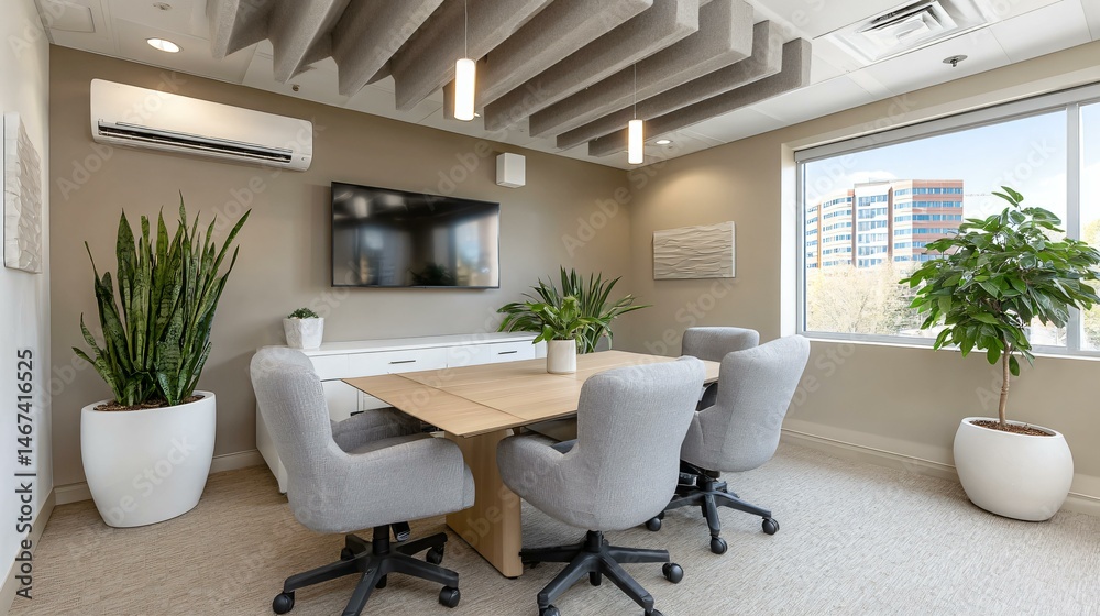 Fototapeta premium Collaborative workspace with adjustable height conference table, mesh office chairs, wall-mounted digital flipchart, potted plants and acoustic wall tiles under sleek linear pendant fixtures