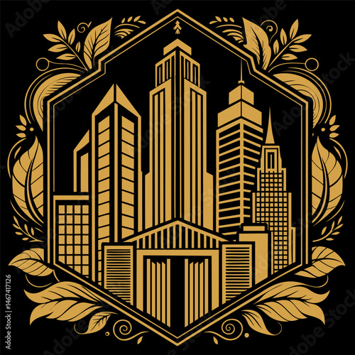 Heraldic emblem with skyscrapers and leaves in a frame on black background