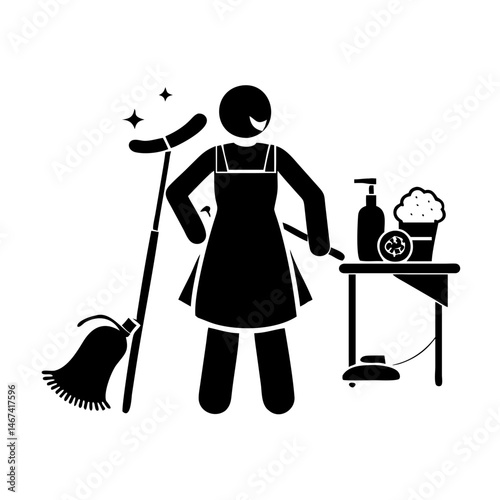 Iconographic Image of a Person in an Apron Cleaning with Cleaning Products