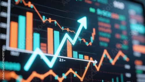 Glowing upward arrow graph on digital screen with financial charts, symbolizing stock market growth, corporate success and positive economic trends.
