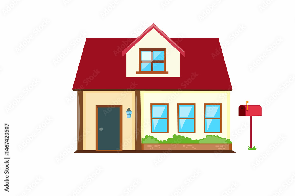 Red Roof Suburban House Icon – Cozy Home Illustration with Mailbox Red Roof Suburban House Icon – Cozy Home Illustration with Mailbox