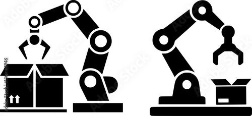Black Silhouette Robotic Arm Icon Placing Box – Industrial Automation and Packaging Robot Vector for Manufacturing, Warehouse Logistics, and Technology UI Design