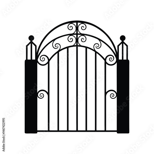 Wrought iron gate silhouette vector illustration. Vintage decorative metal entrance design, traditional ornamental black Wrought iron gate silhouette vector illustration. Vintage decorative metal e