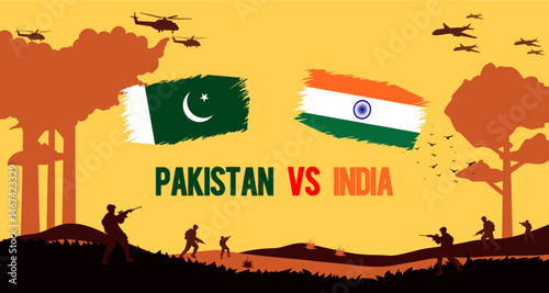 Pakistan vs India War Concept. Indo Pak war concept with fighter jets, helicopters, trees, soldiers and flags vectors. Editable eps file.