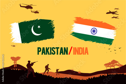 Pakistan vs India War Concept. Indo Pak war concept with fighter jets, helicopters, trees, soldiers and flags vectors. Editable eps file.