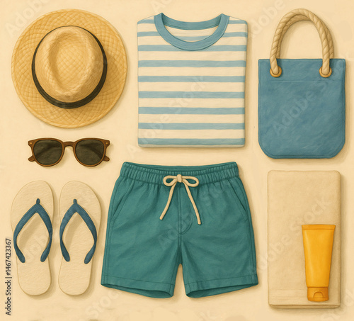 A flat lay composition of coordinated summer beachwear including a striped t-shirt, teal swim shorts, straw hat, sunglasses, flip-flops, tote bag, towel, and sunscreen. 