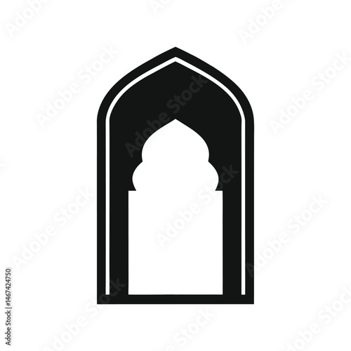 Vintage mosque arch window silhouette vector illustration. Islamic architecture element, traditional ornamental black design

