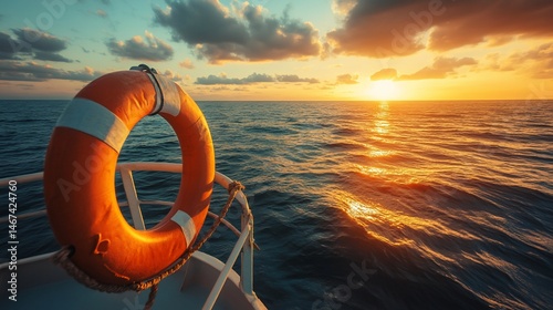 Ocean voyage at sunset: A lifebuoy ensures safety and security onboard