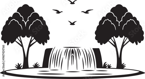 Garden Oasis Silhouette: A stylized artistic portrayal of a serene garden scene, featuring a cascading water fountain and carefully arranged trees.