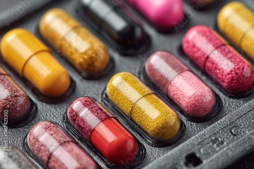 Assortment of Colorful Supplement Capsules in Blister Pack, Close-Up View of Medication and Nutrients Packaging