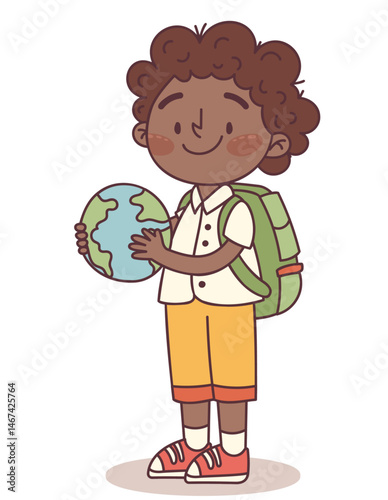 elementary school boy dark skinned student holding planet earth