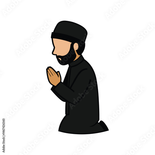 Muslim man praying silhouette vector illustration. Islamic worship pose, religious devotion concept, spiritual black shape