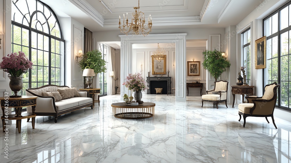 Fototapeta premium Discover stunning Carrara marble-look ceramic tiles in elegant grey shades. Perfect for floors, walls & more—luxury, durability & timeless style in one