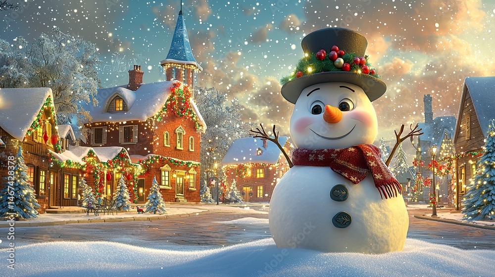 Obraz premium Cheerful snowman in a Christmas village scene