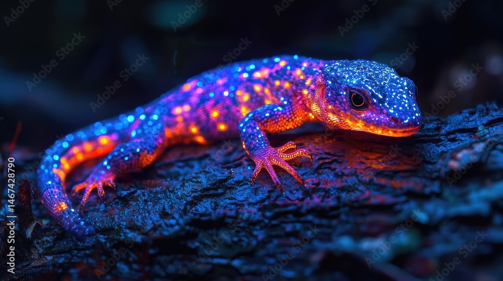 Obraz premium A vibrant, glowing lizard on dark bark.