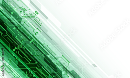 Abstract green circuit board technology connected lines electronics elements computer slash dynamic geometric digital on white background vector