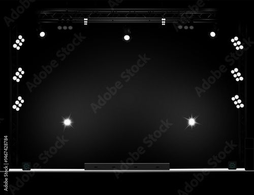 Brightly lit empty stage in black and white tones, trusses, side stands with many lights, black speakers, dark background, white platform. For events, presentations. Vector illustration EPS10.