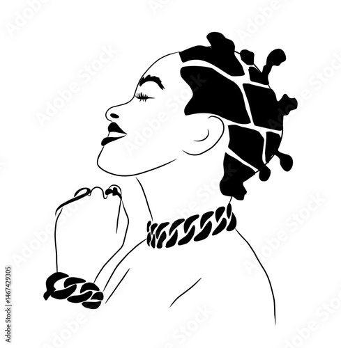 Hand drawn vector sketch of a beautiful Black woman with an afro hairstyle, closed eyes, and chunky jewelry. Minimalist, elegant portrait in black and white line art style