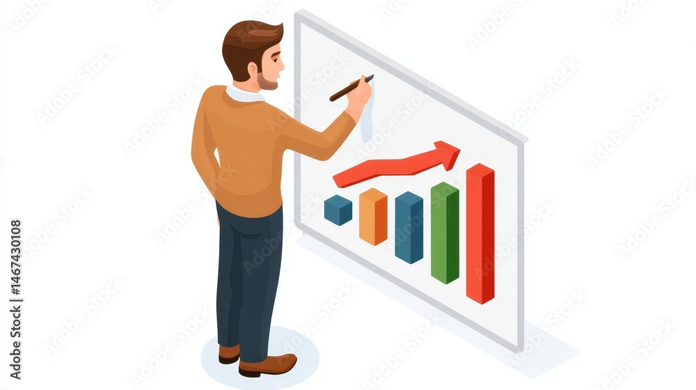 Businessman pointing to chart on board, data analysis and presentation strategies for effective communication in corporate settings Businessman pointing to chart on board, data analysis and presentation strategies for effective communication in corporate settings