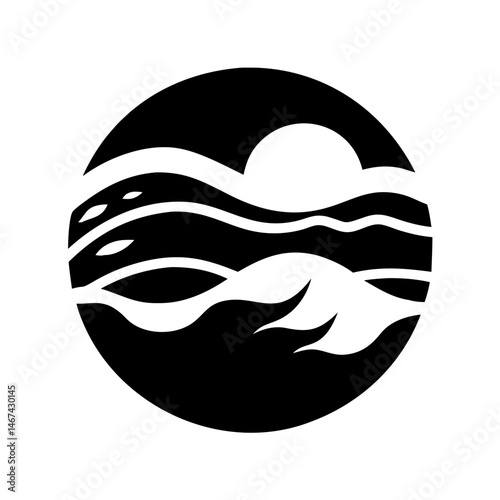 Black and white landscape circle image depicting ocean waves and rising sun