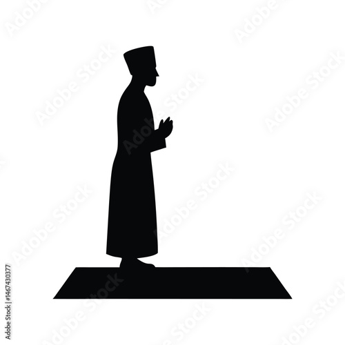 Muslim man praying silhouette vector illustration. Islamic worship pose, religious devotion concept, spiritual black shape