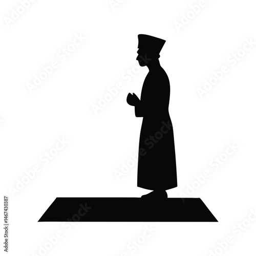 Muslim man praying silhouette vector illustration. Islamic worship pose, religious devotion concept, spiritual black shape