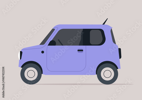 Bright and cheerful, this Kei car displays its distinct silhouette against a soft backdrop, capturing the essence of compact and efficient urban automotive design with a modern twist
