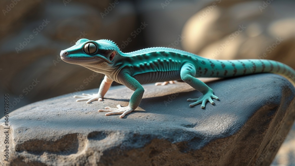 Naklejka premium Photorealistic image of a gecko walking on smooth rock