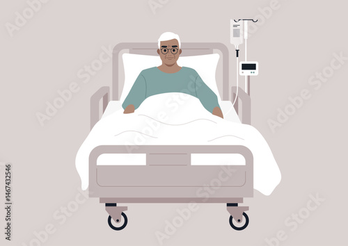 Senior patient receiving care in a hospital environment with attentive staff members providing support and comfort during their recovery journey
