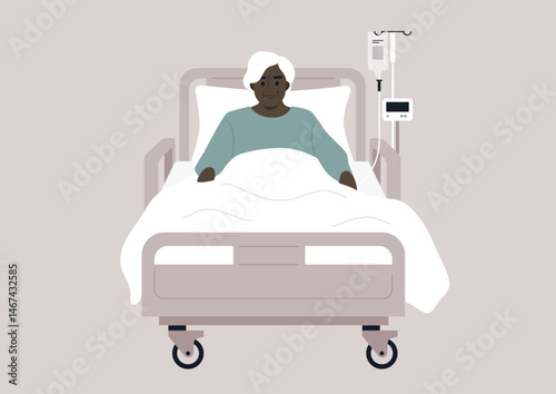 Senior patient receiving care in a hospital environment with attentive staff members providing support and comfort during their recovery journey