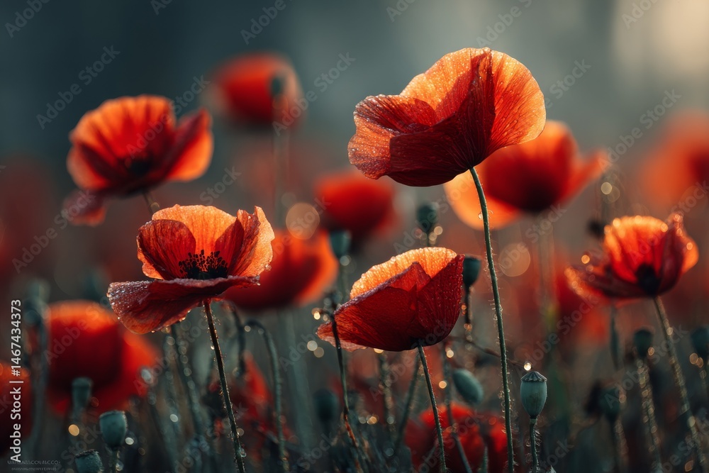 Obraz premium Vibrant red poppy flowers bask in morning sunlight, dew drops clinging to petals in a garden filled with bokeh highlights.