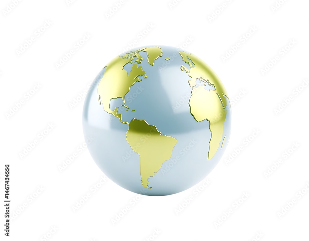 Naklejka premium 3D rendered globe with gold continents against a transparent background.