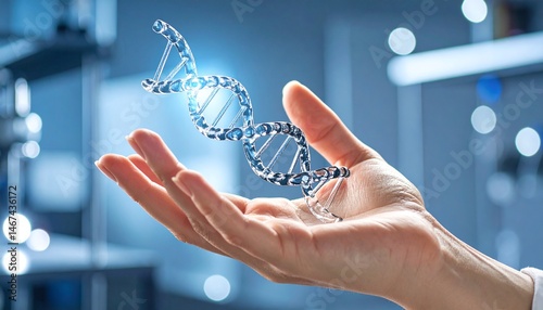A futuristic hand holding a pulsating DNA strand wrapped in transparent gel