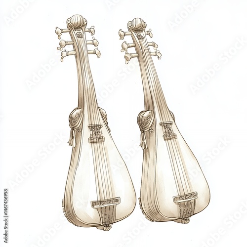 Elegant Sephardi Violin Pair Antique Musical Instrument Drawing art old art old hand line drawn photo