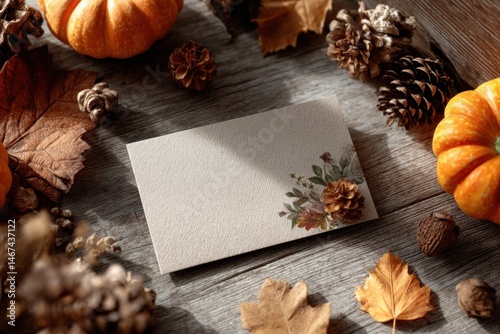 Blank Thanksgiving card with seasonal leaves, flowers, and small pumpkins on rustic wood