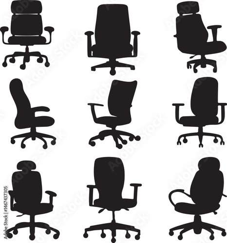 Office Chair Silhouettes: Ergonomic, Executive, Task Chair Vector Graphics Set