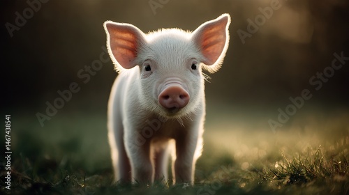 Adorable piglet standing sweetly in a field bathed by soft sunlight