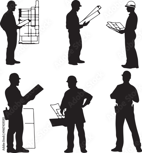 Construction Workers Silhouettes: Vector Graphics of Builders with Blueprints