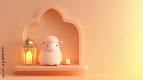 Eid al-Adha: A 3D Render of a Cute Sheep with Lantern and Candle