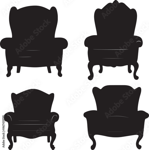 Black Silhouette of Antique Armchairs: Vintage Furniture Vector Illustration