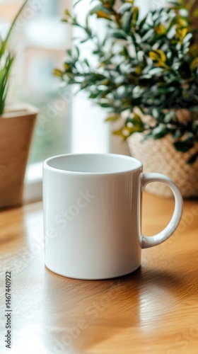 Wallpaper Mural White Ceramic Coffee Mug on Wooden Table with Greenery Background Torontodigital.ca